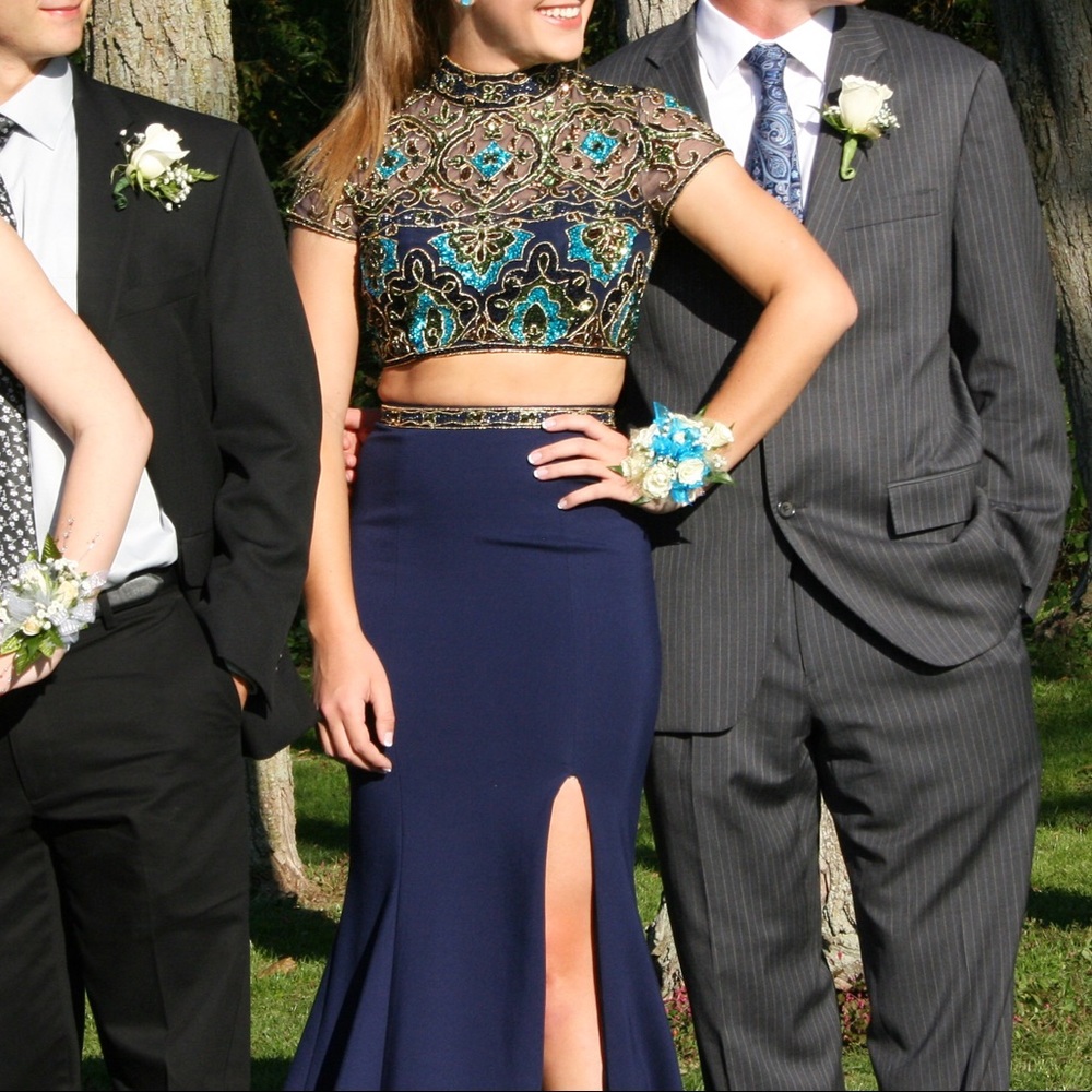 Sherri Hill Long Navy Beaded Two Piece Prom Dress